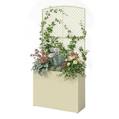 Rattan Planter with Trellis, Large Outdoor Raised Garden Bed with Liner for Vines, Herbs, Vegetables & Flowers, 31.5 x 11.8 x 64.2 in, Beige