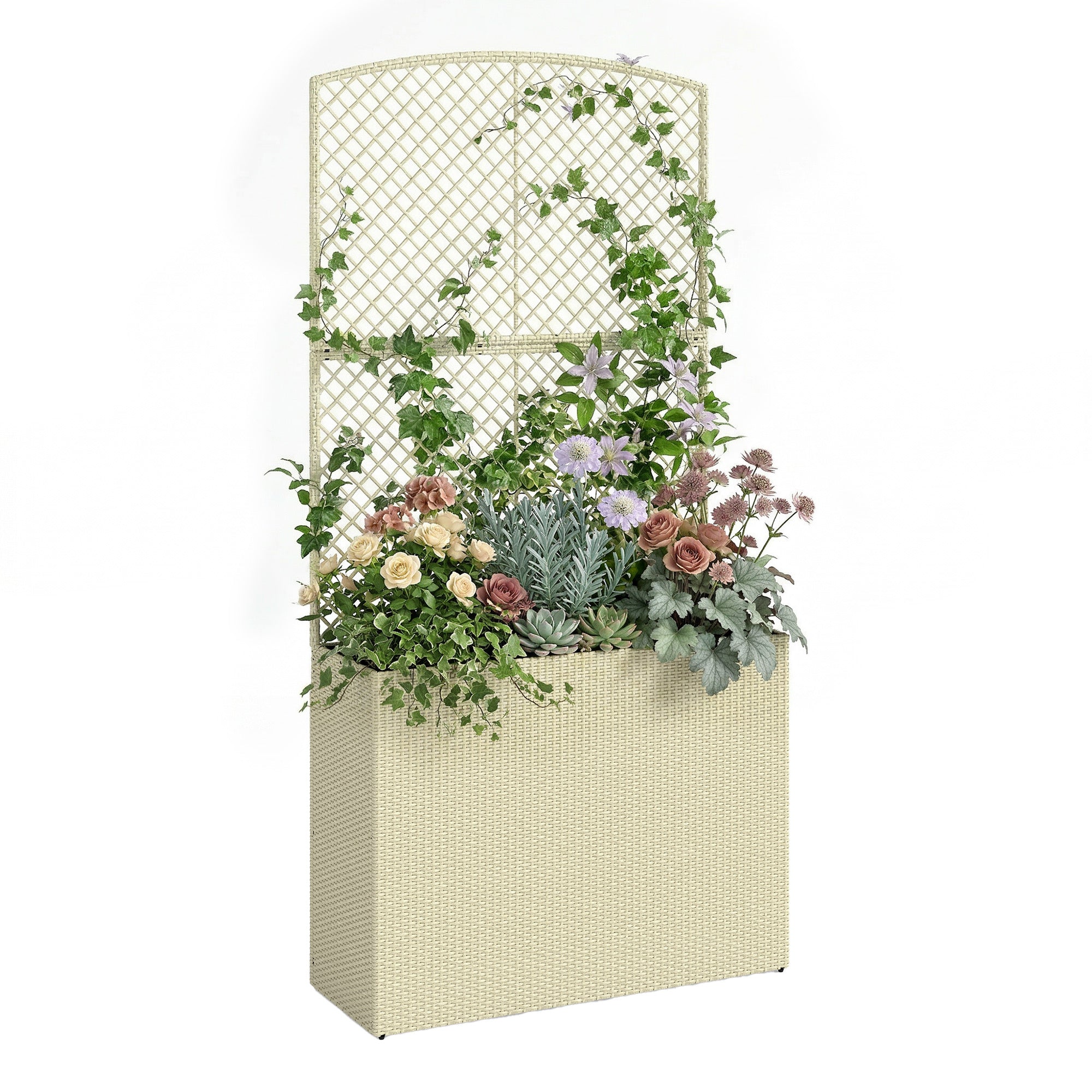 Rattan Planter with Trellis, Large Outdoor Raised Garden Bed with Liner for Vines, Herbs, Vegetables & Flowers, 31.5 x 11.8 x 64.2 in, Beige