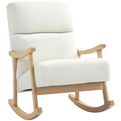 Rocking Chair, Rocking Armchair with Backrest, Wooden Rockers, Armchair, Relax Armchair with Teddy Plush Look, Rocking Chair, Relaxing Chair for Living Room, Bedroom, Balcony, Cream White