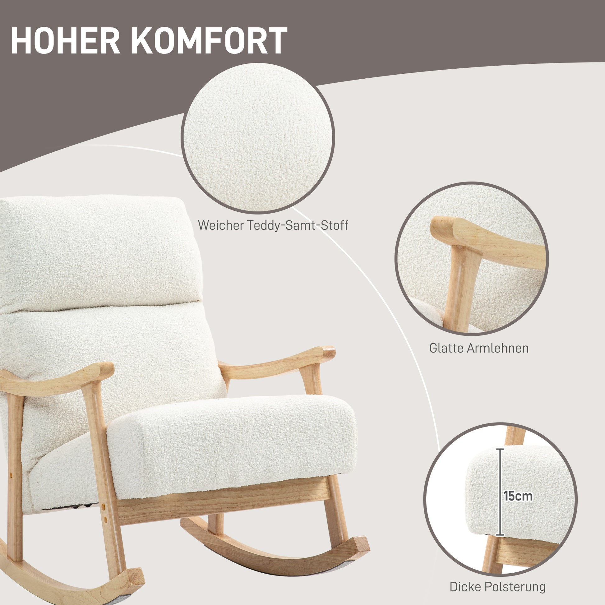 Rocking Chair, Rocking Armchair with Backrest, Wooden Rockers, Armchair, Relax Armchair with Teddy Plush Look, Rocking Chair, Relaxing Chair for Living Room, Bedroom, Balcony, Cream White