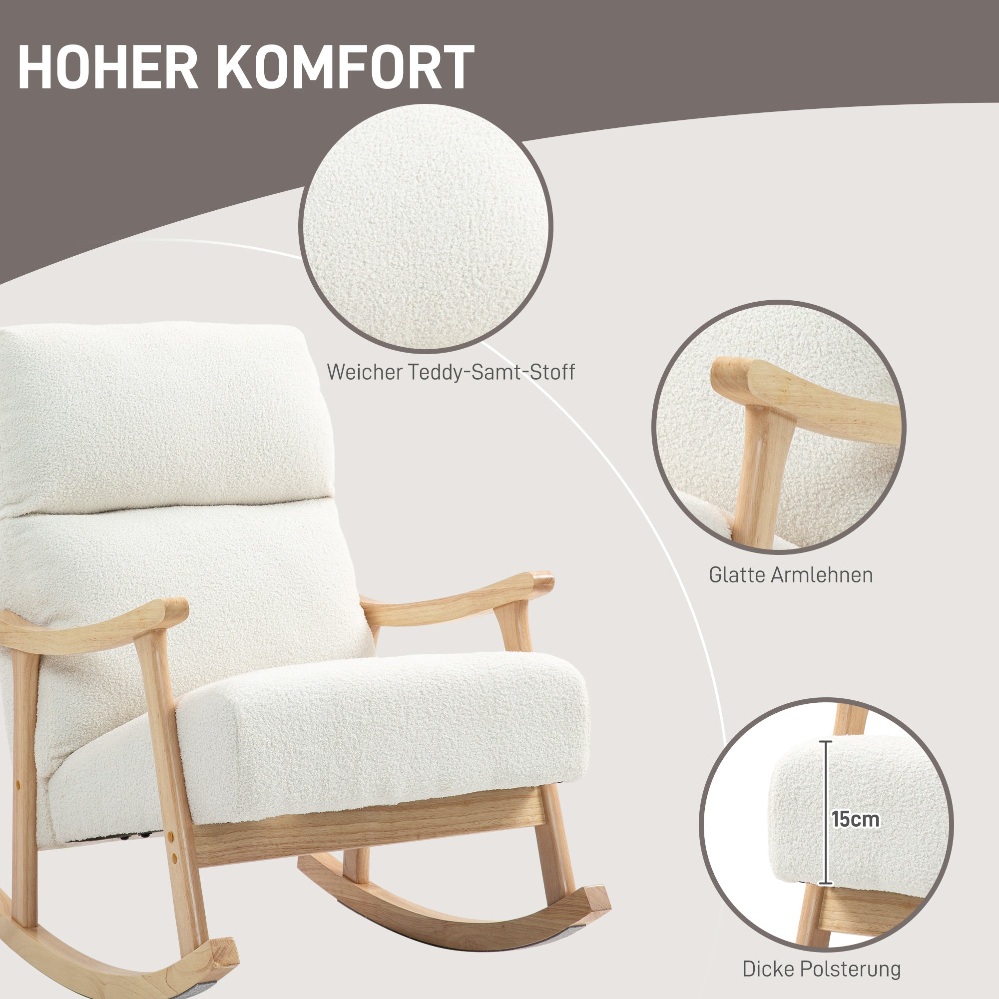 Rocking Chair, Rocking Armchair with Backrest, Wooden Rockers, Armchair, Relax Armchair with Teddy Plush Look, Rocking Chair, Relaxing Chair for Living Room, Bedroom, Balcony, Cream White