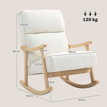 Rocking Chair, Rocking Armchair with Backrest, Wooden Rockers, Armchair, Relax Armchair with Teddy Plush Look, Rocking Chair, Relaxing Chair for Living Room, Bedroom, Balcony, Cream White