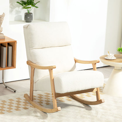 Rocking Chair, Rocking Armchair with Backrest, Wooden Rockers, Armchair, Relax Armchair with Teddy Plush Look, Rocking Chair, Relaxing Chair for Living Room, Bedroom, Balcony, Cream White