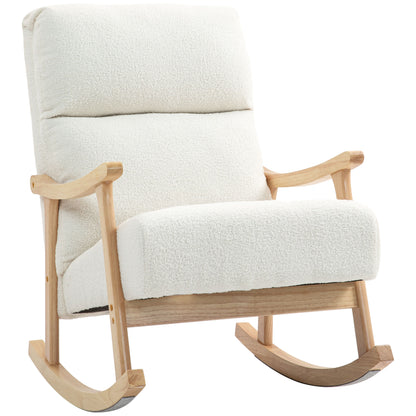 Rocking Chair, Rocking Armchair with Backrest, Wooden Rockers, Armchair, Relax Armchair with Teddy Plush Look, Rocking Chair, Relaxing Chair for Living Room, Bedroom, Balcony, Cream White