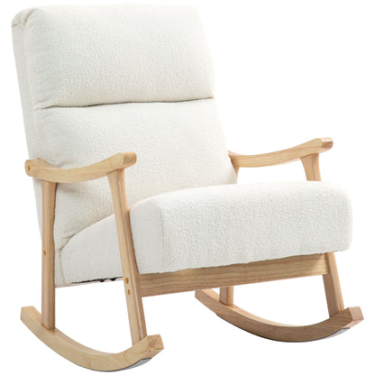 Rocking Chair, Rocking Armchair with Backrest, Wooden Rockers, Armchair, Relax Armchair with Teddy Plush Look, Rocking Chair, Relaxing Chair for Living Room, Bedroom, Balcony, Cream White