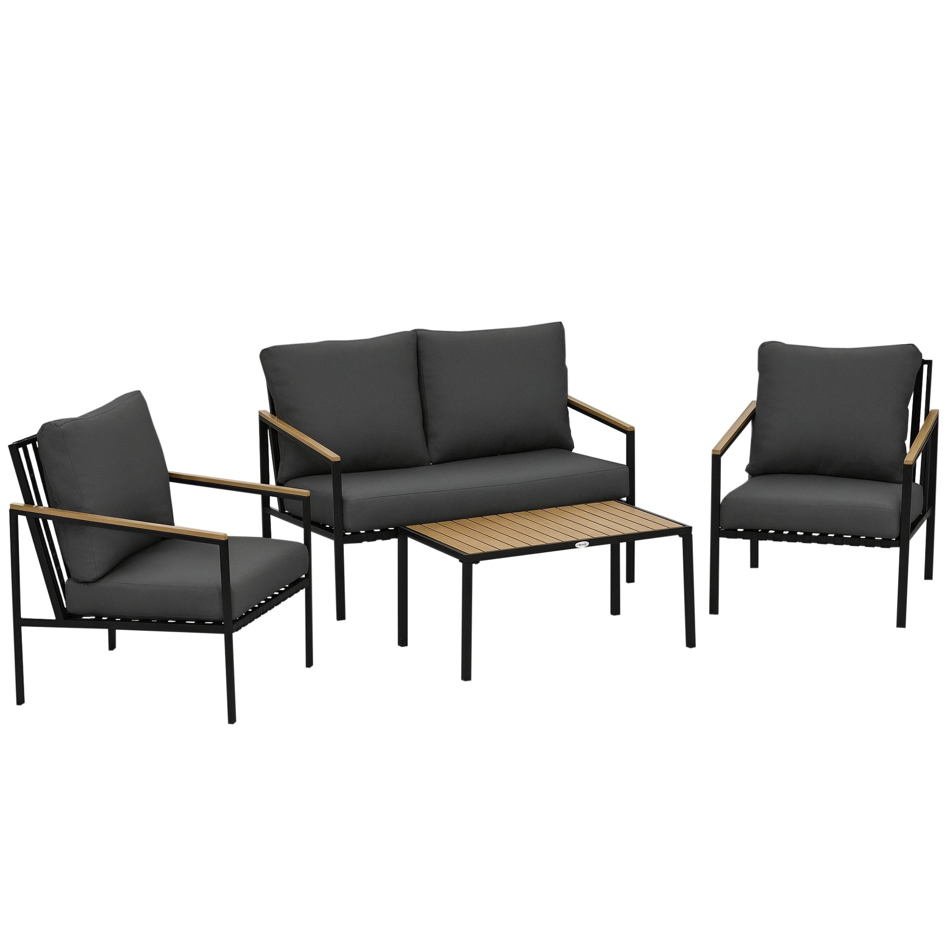 4-Piece Outdoor Garden Lounge Set for 4 People with 2-Seater Sofa, Armchairs, and Coffee Table 8 Cushions - Black Steel Dark Grey Polyester