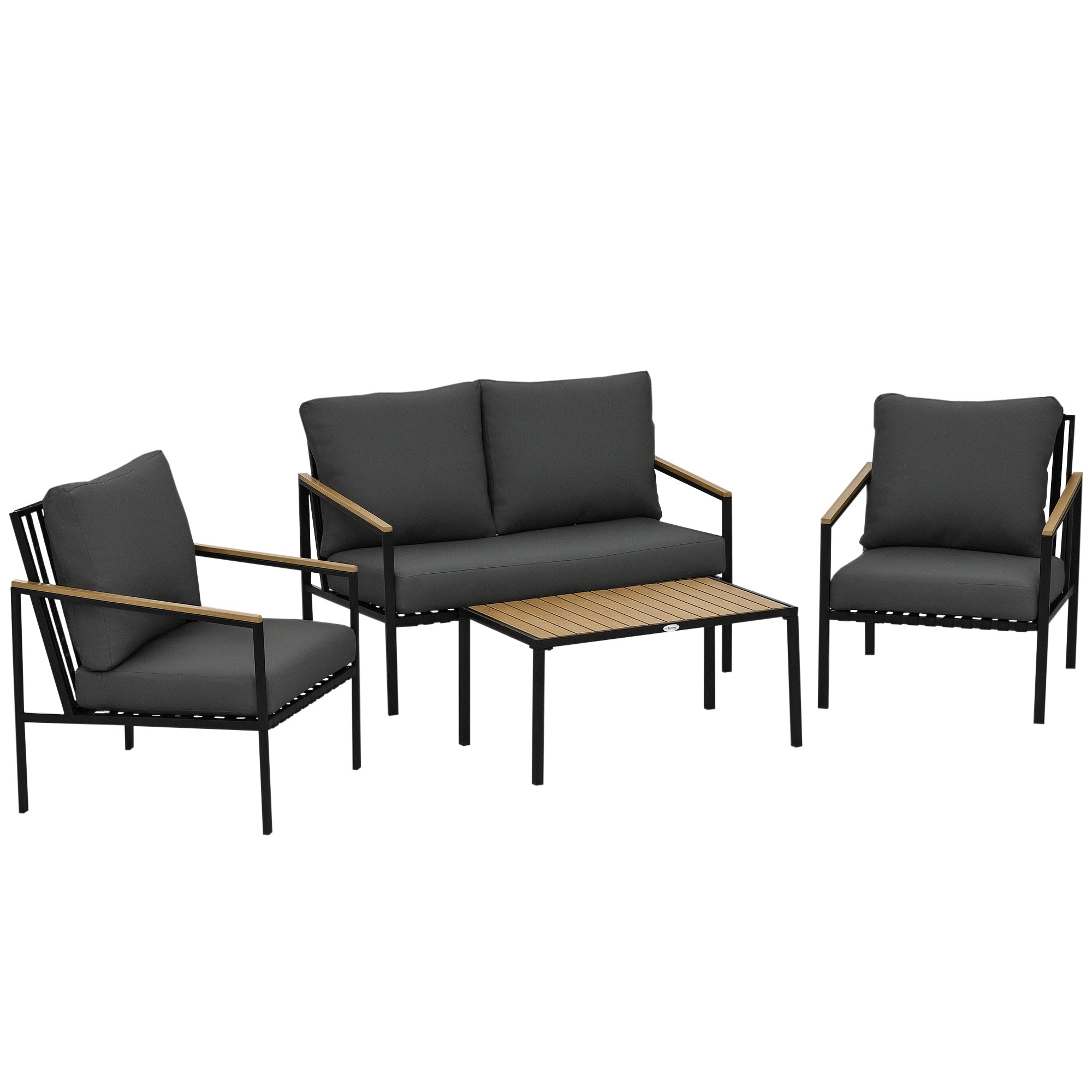4-Piece Outdoor Garden Lounge Set for 4 People with 2-Seater Sofa, Armchairs, and Coffee Table 8 Cushions - Black Steel Dark Grey Polyester