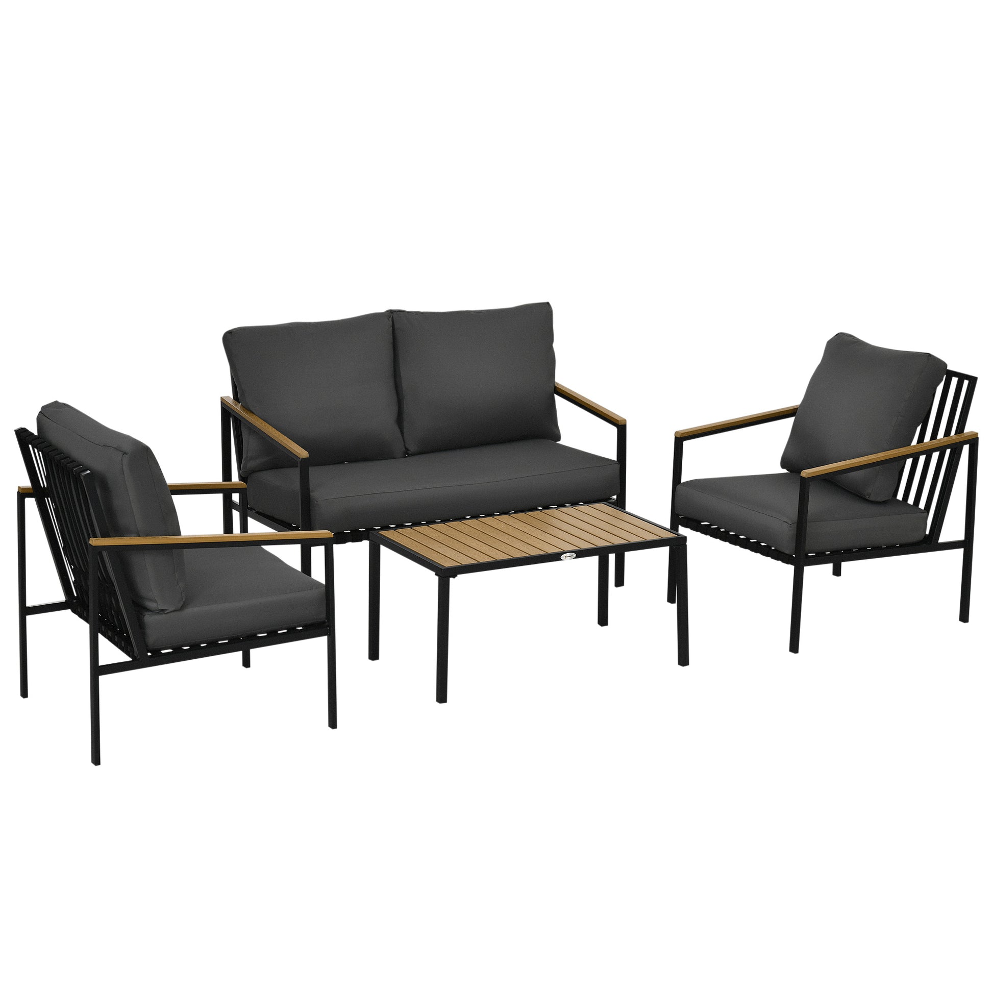 4-Piece Outdoor Garden Lounge Set for 4 People with 2-Seater Sofa, Armchairs, and Coffee Table 8 Cushions - Black Steel Dark Grey Polyester