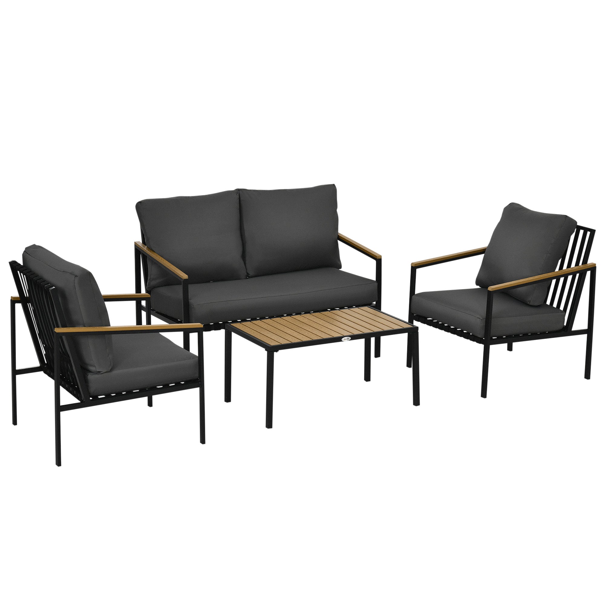 4-Piece Outdoor Garden Lounge Set for 4 People with 2-Seater Sofa, Armchairs, and Coffee Table 8 Cushions - Black Steel Dark Grey Polyester