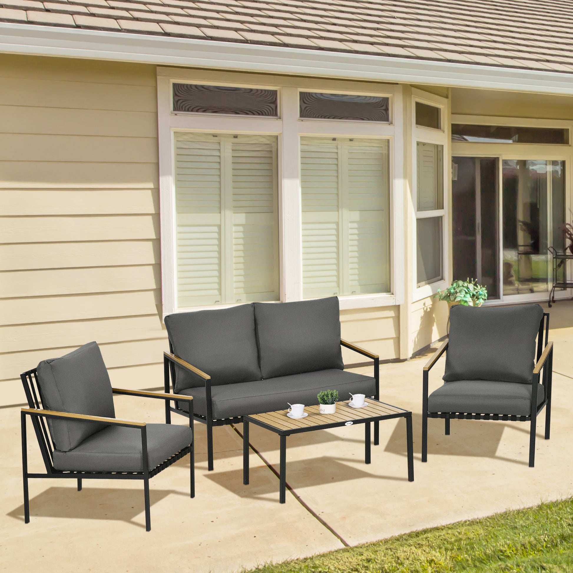 4-Piece Outdoor Garden Lounge Set for 4 People with 2-Seater Sofa, Armchairs, and Coffee Table 8 Cushions - Black Steel Dark Grey Polyester
