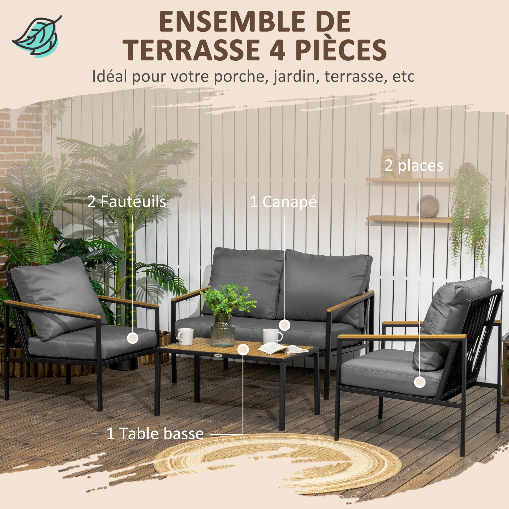 4-Piece Outdoor Garden Lounge Set for 4 People with 2-Seater Sofa, Armchairs, and Coffee Table 8 Cushions - Black Steel Dark Grey Polyester