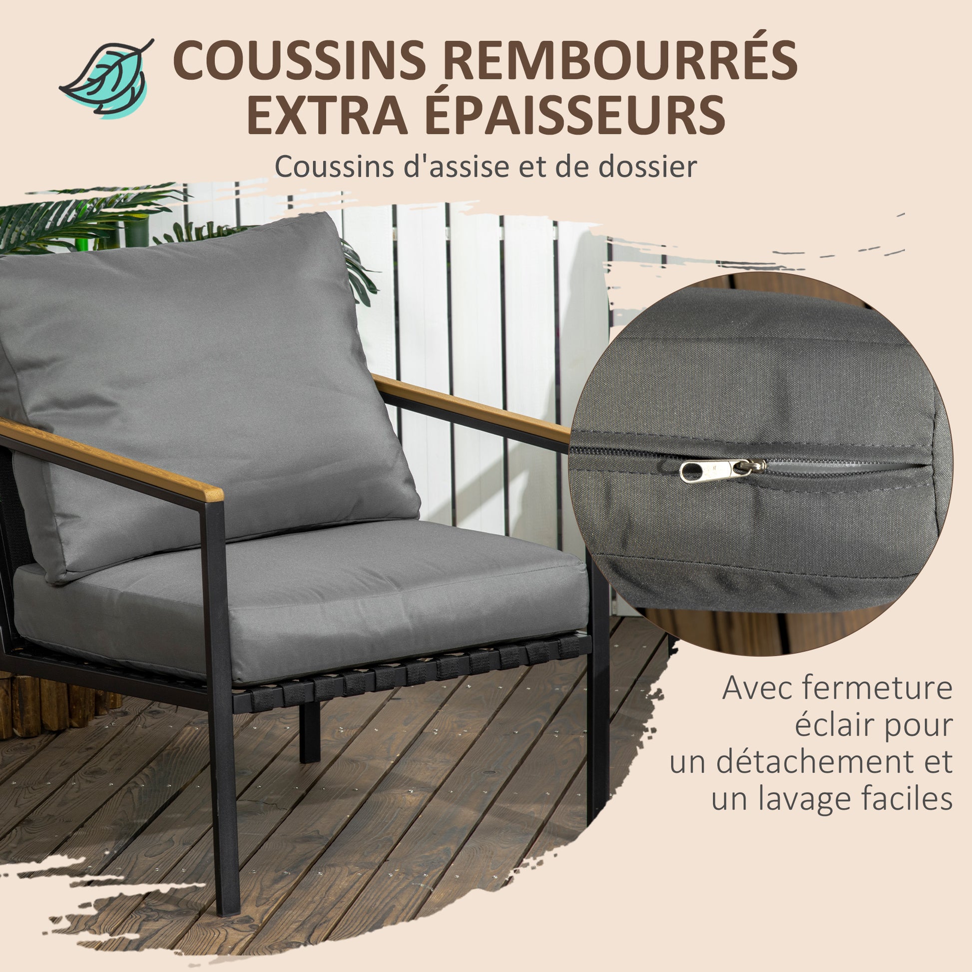 4-Piece Outdoor Garden Lounge Set for 4 People with 2-Seater Sofa, Armchairs, and Coffee Table 8 Cushions - Black Steel Dark Grey Polyester