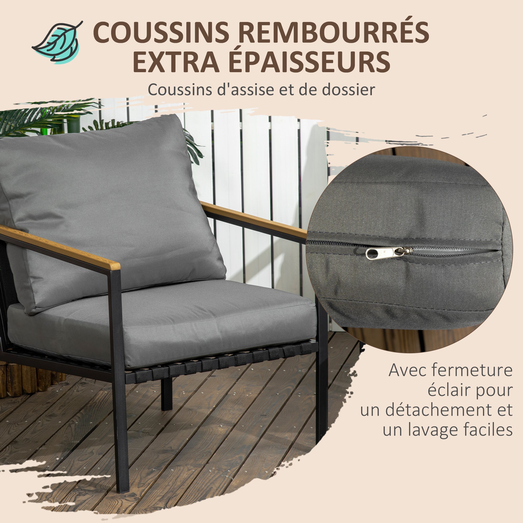 4-Piece Outdoor Garden Lounge Set for 4 People with 2-Seater Sofa, Armchairs, and Coffee Table 8 Cushions - Black Steel Dark Grey Polyester