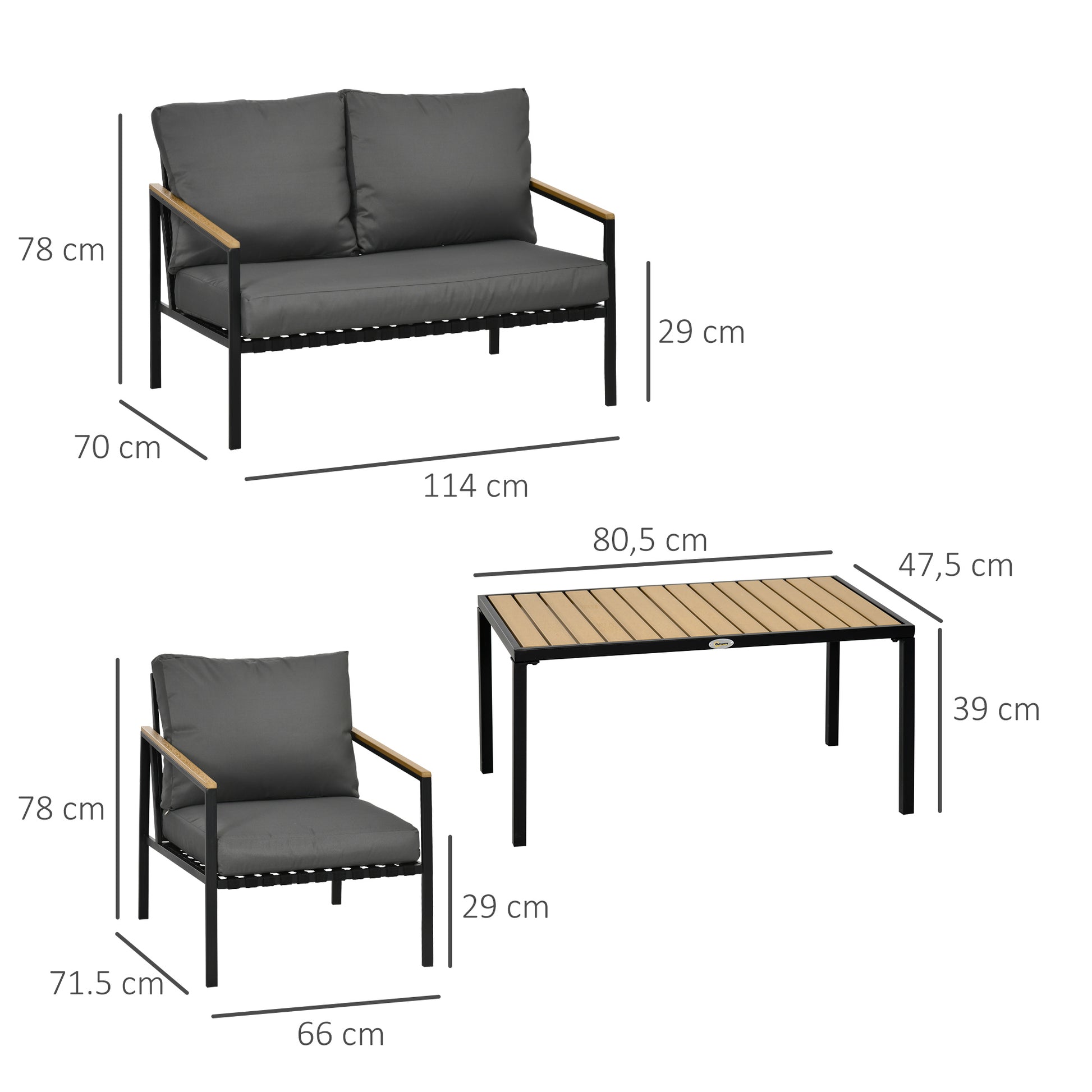 4-Piece Outdoor Garden Lounge Set for 4 People with 2-Seater Sofa, Armchairs, and Coffee Table 8 Cushions - Black Steel Dark Grey Polyester