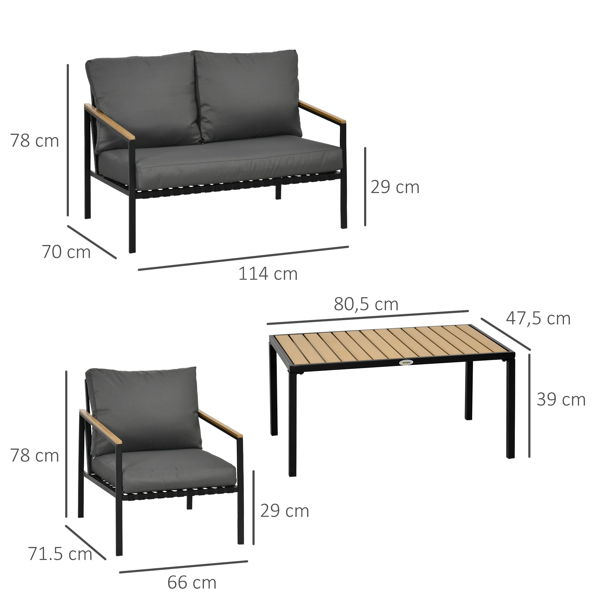 4-Piece Outdoor Garden Lounge Set for 4 People with 2-Seater Sofa, Armchairs, and Coffee Table 8 Cushions - Black Steel Dark Grey Polyester