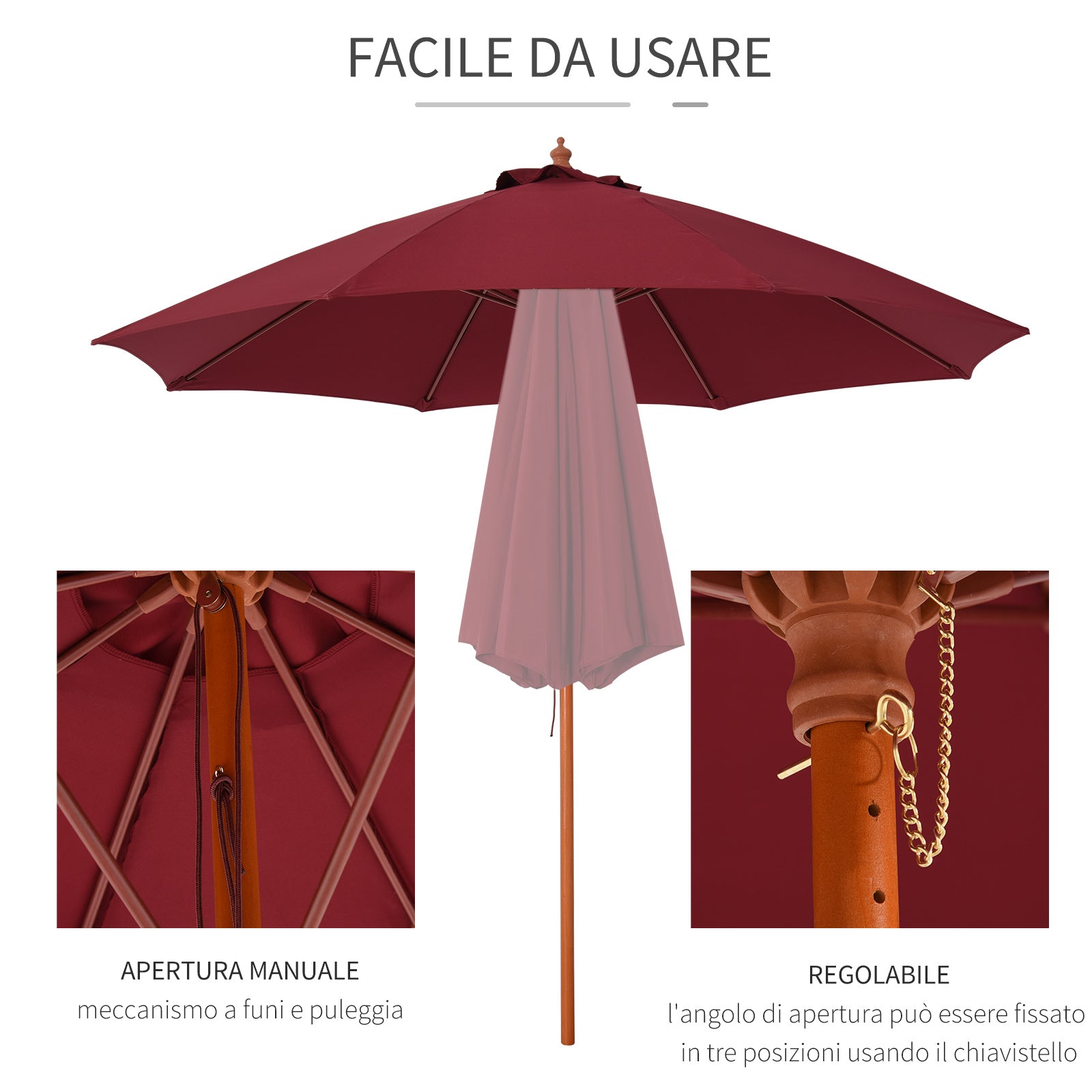 Garden Umbrella Ø2.6x2.5 m with Windproof Red Polyester Canopy and Wood Pole