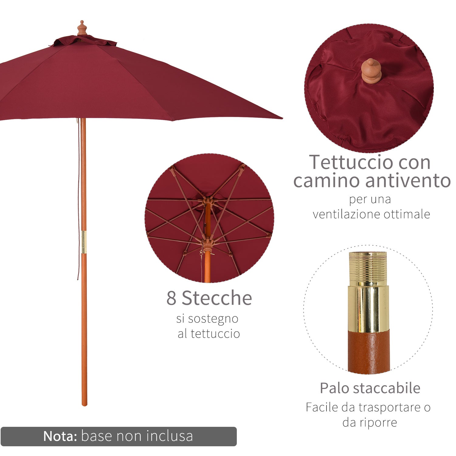 Garden Umbrella Ø2.6x2.5 m with Windproof Red Polyester Canopy and Wood Pole