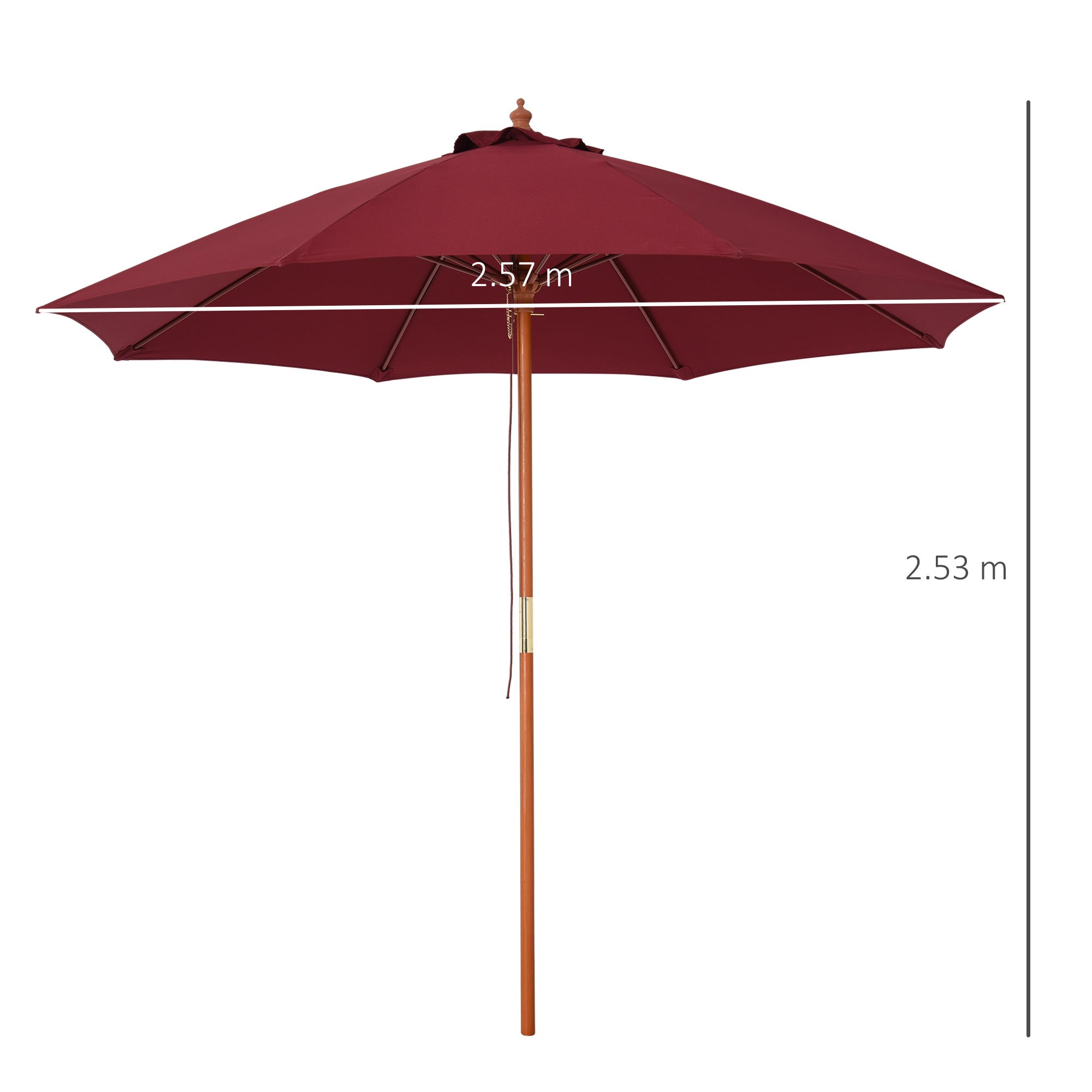 Garden Umbrella Ø2.6x2.5 m with Windproof Red Polyester Canopy and Wood Pole
