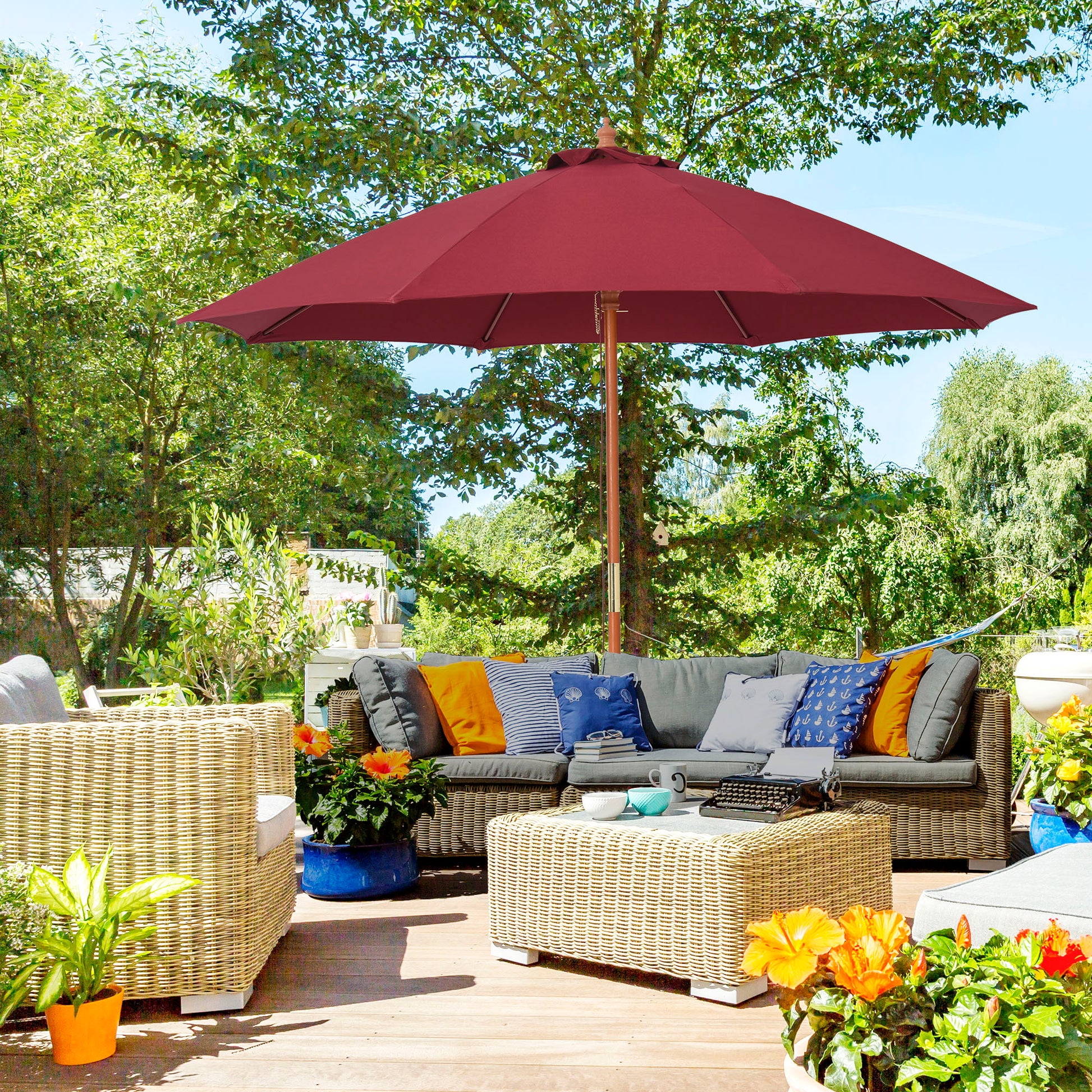 Garden Umbrella Ø2.6x2.5 m with Windproof Red Polyester Canopy and Wood Pole