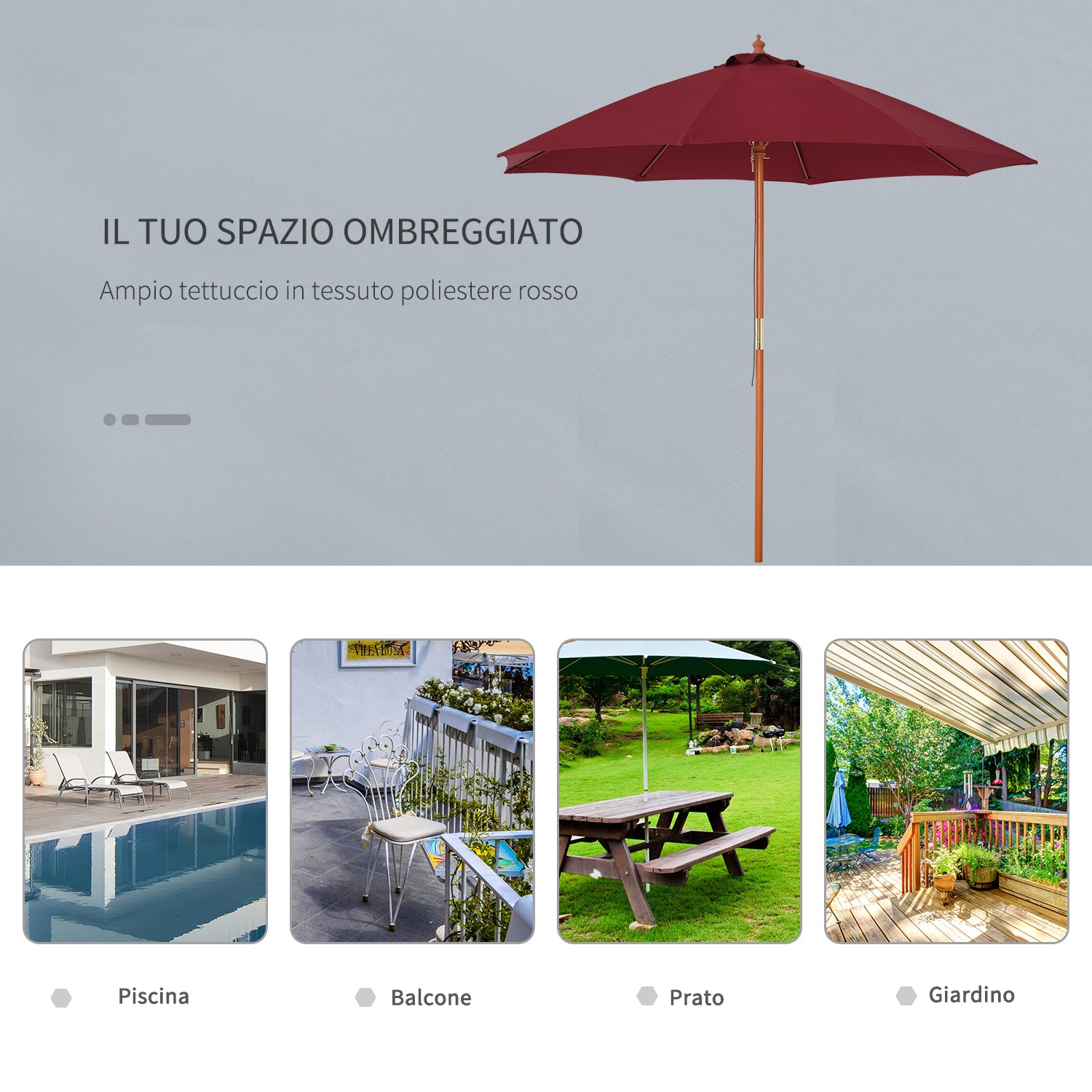 Garden Umbrella Ø2.6x2.5 m with Windproof Red Polyester Canopy and Wood Pole