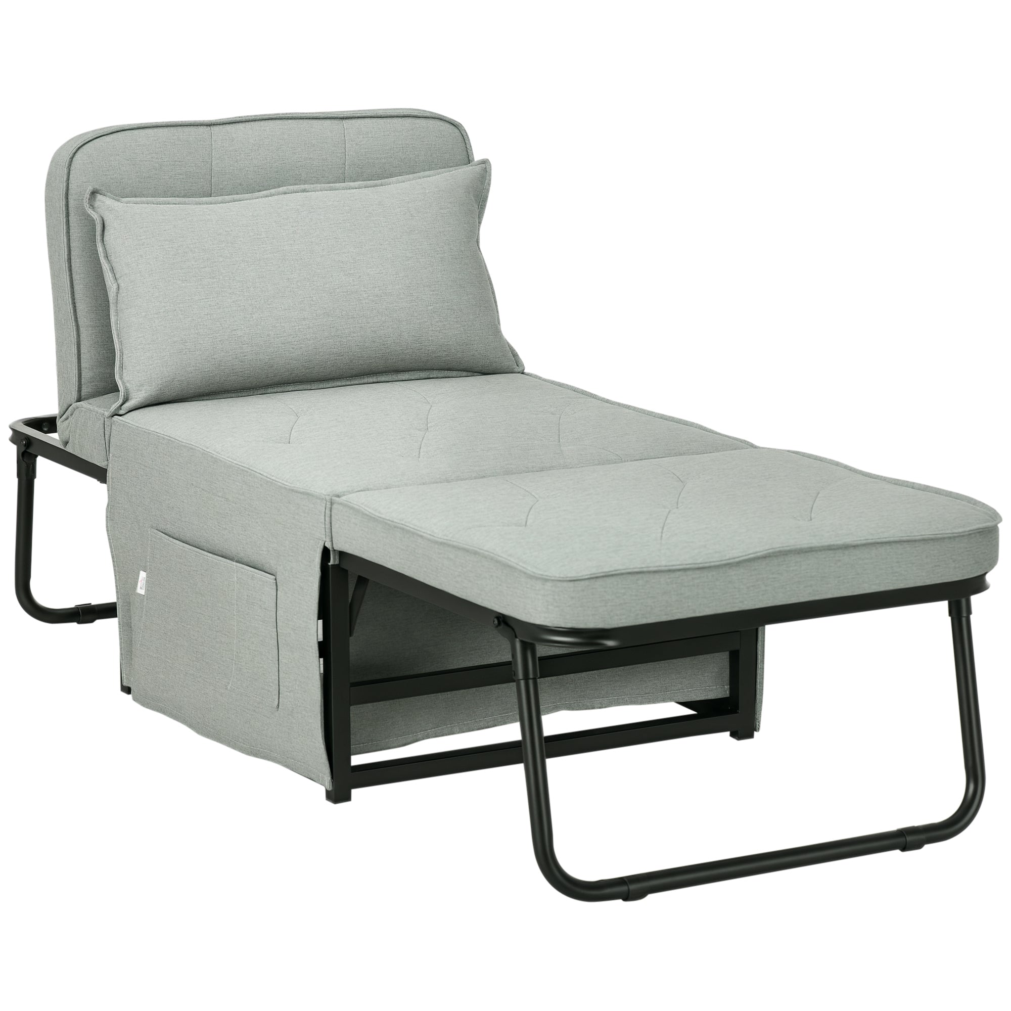 Single Sofa Bed Convertible Armchair Chaise Longue 4 in 1 with 5-Level Reclining Backrest, Foldable Footrest, Removable Cushion and Pockets, Light Grey for Guest Room