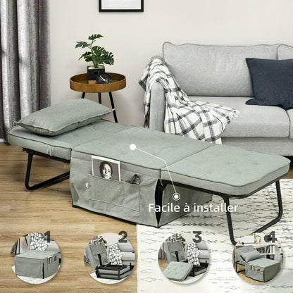 Single Sofa Bed Convertible Armchair Chaise Longue 4 in 1 with 5-Level Reclining Backrest, Foldable Footrest, Removable Cushion and Pockets, Light Grey for Guest Room