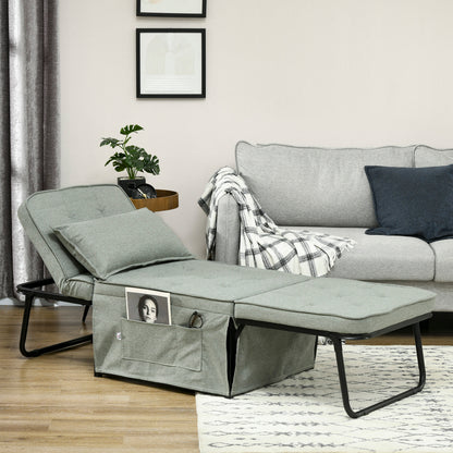 Single Sofa Bed Convertible Armchair Chaise Longue 4 in 1 with 5-Level Reclining Backrest, Foldable Footrest, Removable Cushion and Pockets, Light Grey for Guest Room