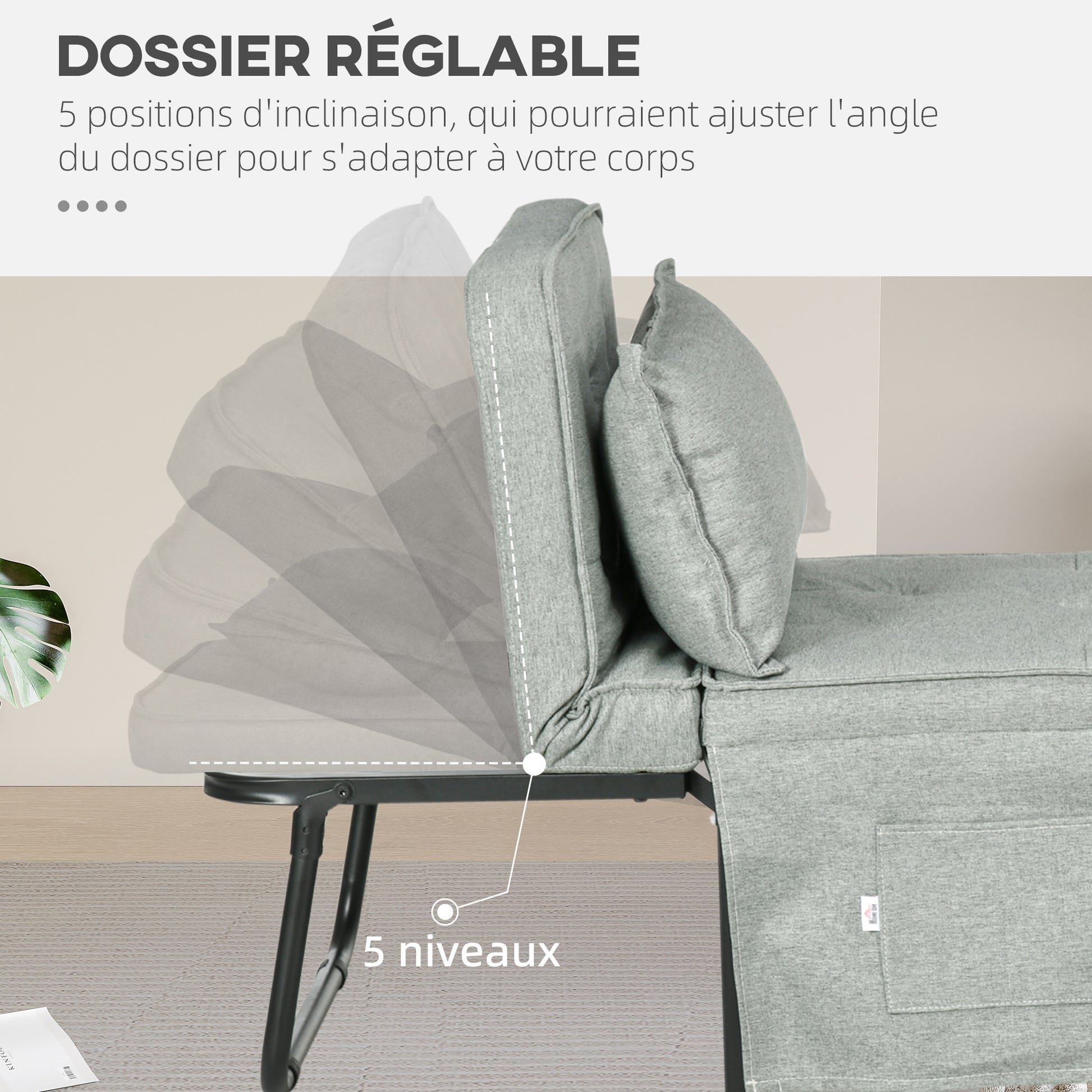Single Sofa Bed Convertible Armchair Chaise Longue 4 in 1 with 5-Level Reclining Backrest, Foldable Footrest, Removable Cushion and Pockets, Light Grey for Guest Room