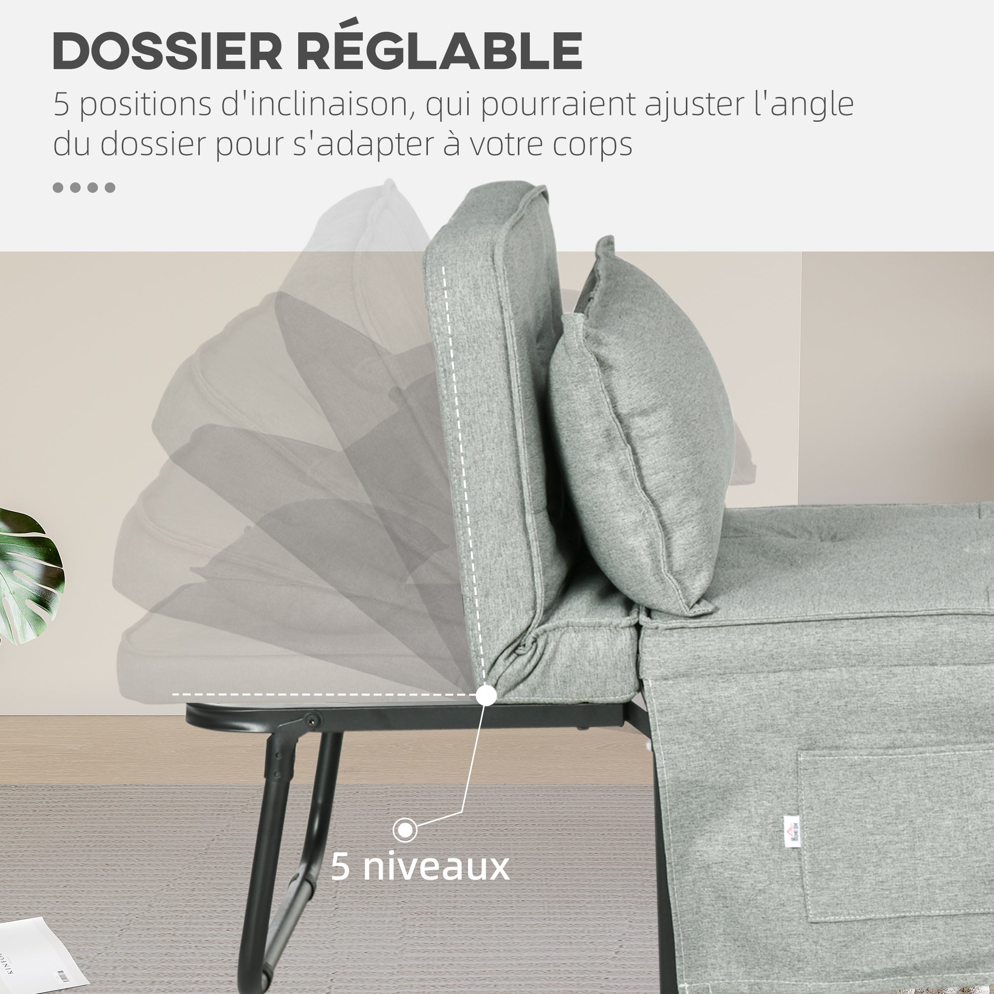 Single Sofa Bed Convertible Armchair Chaise Longue 4 in 1 with 5-Level Reclining Backrest, Foldable Footrest, Removable Cushion and Pockets, Light Grey for Guest Room
