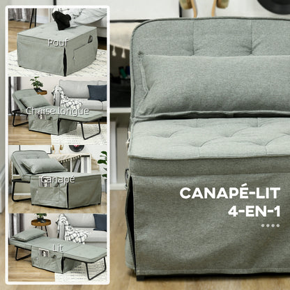 Single Sofa Bed Convertible Armchair Chaise Longue 4 in 1 with 5-Level Reclining Backrest, Foldable Footrest, Removable Cushion and Pockets, Light Grey for Guest Room