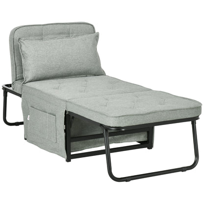 Single Sofa Bed Convertible Armchair Chaise Longue 4 in 1 with 5-Level Reclining Backrest, Foldable Footrest, Removable Cushion and Pockets, Light Grey for Guest Room