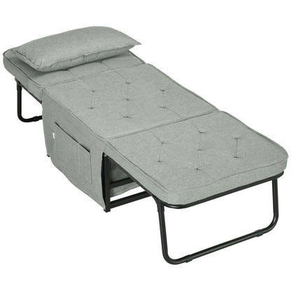 Single Sofa Bed Convertible Armchair Chaise Longue 4 in 1 with 5-Level Reclining Backrest, Foldable Footrest, Removable Cushion and Pockets, Light Grey for Guest Room