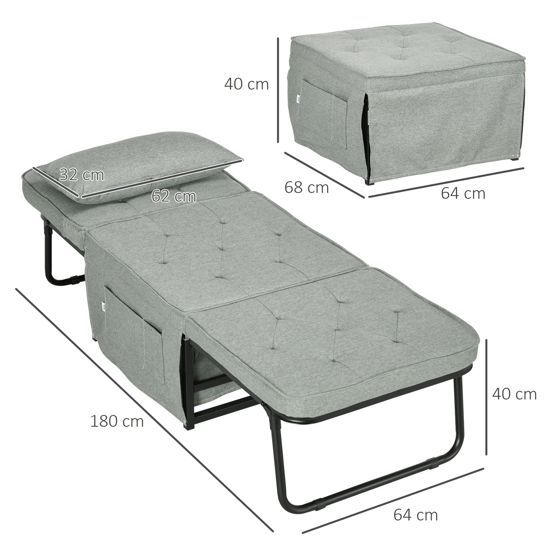 Single Sofa Bed Convertible Armchair Chaise Longue 4 in 1 with 5-Level Reclining Backrest, Foldable Footrest, Removable Cushion and Pockets, Light Grey for Guest Room