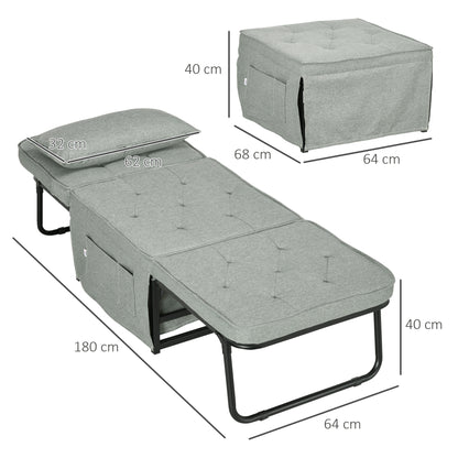 Single Sofa Bed Convertible Armchair Chaise Longue 4 in 1 with 5-Level Reclining Backrest, Foldable Footrest, Removable Cushion and Pockets, Light Grey for Guest Room