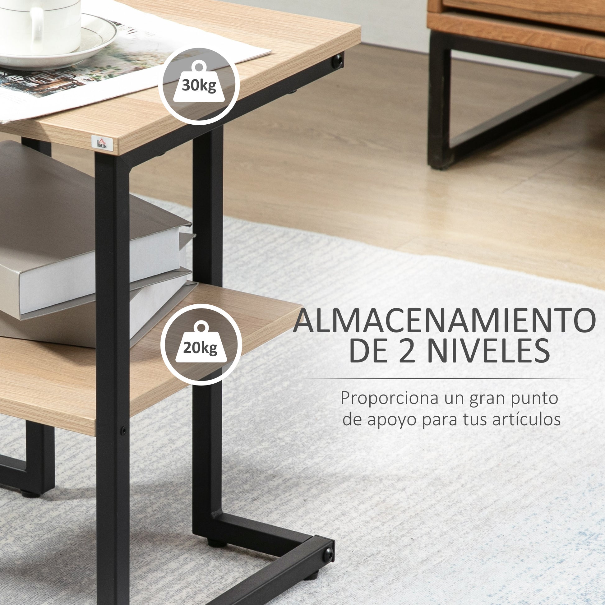 2-Tier Side Table Coffee Table for Living Room Bedroom Office Modern Style 45x35x48 cm Natural