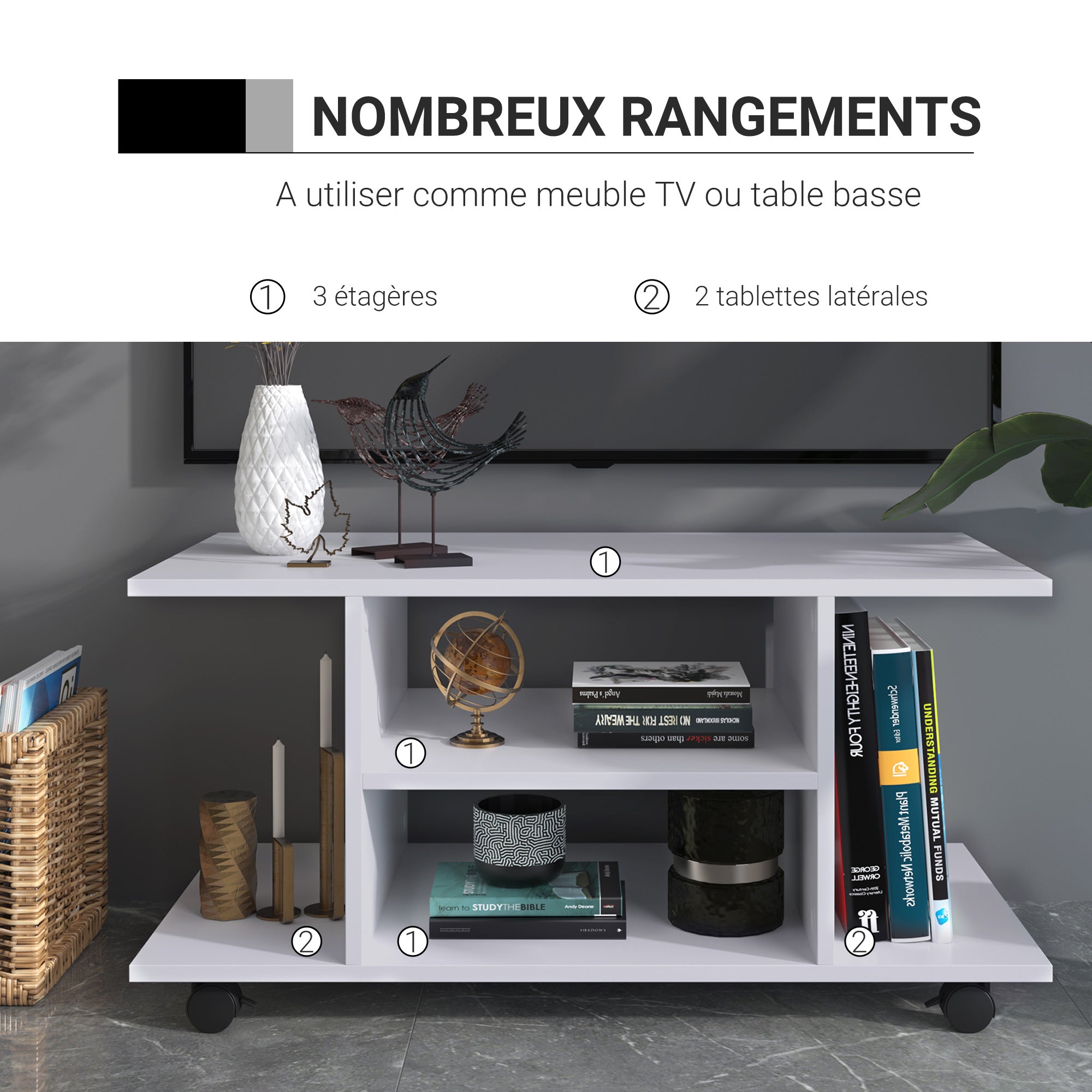 TV Stand with Swivel Wheels, Wooden TV Bench with Shelves, TV Stand for TVs up to 42 inches, Contemporary Style for Living Room, Bedroom, and Office, 80 x 40 x 40 cm, White