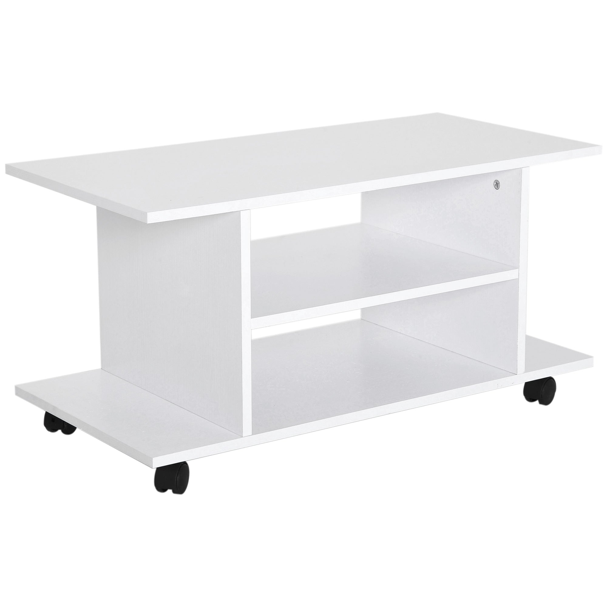 TV Stand with Swivel Wheels, Wooden TV Bench with Shelves, TV Stand for TVs up to 42 inches, Contemporary Style for Living Room, Bedroom, and Office, 80 x 40 x 40 cm, White