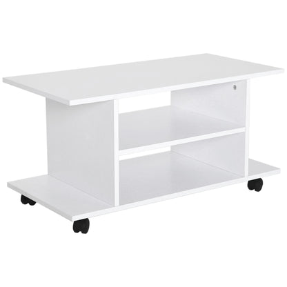 TV Stand with Swivel Wheels, Wooden TV Bench with Shelves, TV Stand for TVs up to 42 inches, Contemporary Style for Living Room, Bedroom, and Office, 80 x 40 x 40 cm, White