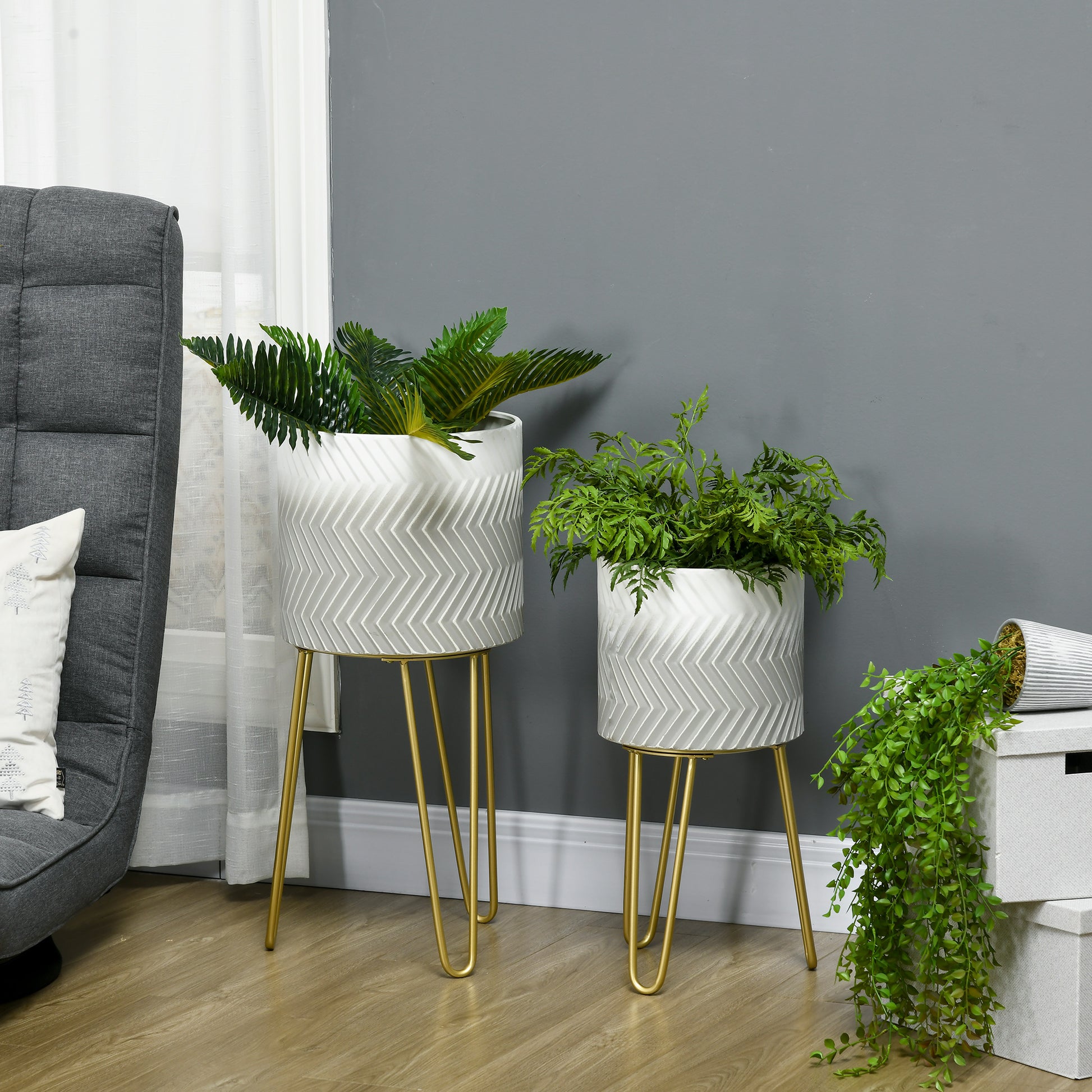 2-Piece Plant Stand Set, 52/67 cm High Flower Stand for Indoor Outdoor, Metal Flower Pot Stand for Living Room, Garden Balcony Decor, Gray