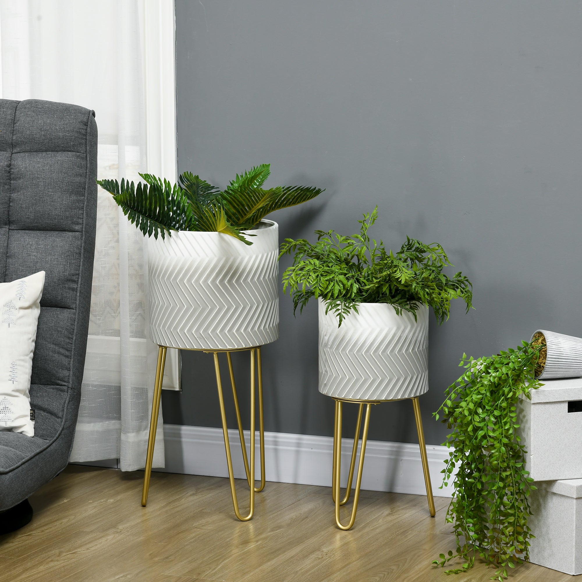 2-Piece Plant Stand Set, 52/67 cm High Flower Stand for Indoor Outdoor, Metal Flower Pot Stand for Living Room, Garden Balcony Decor, Gray