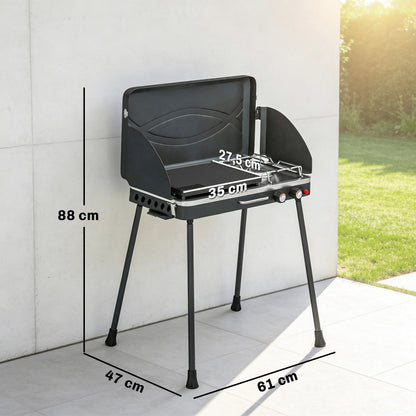 Portable 2-Burner Gas Grill — 2-in-1 Tabletop & Stand, 20,000 BTU, Folding Legs, Nonstick Griddle, Windshield & Lid Latch — Camping BBQ