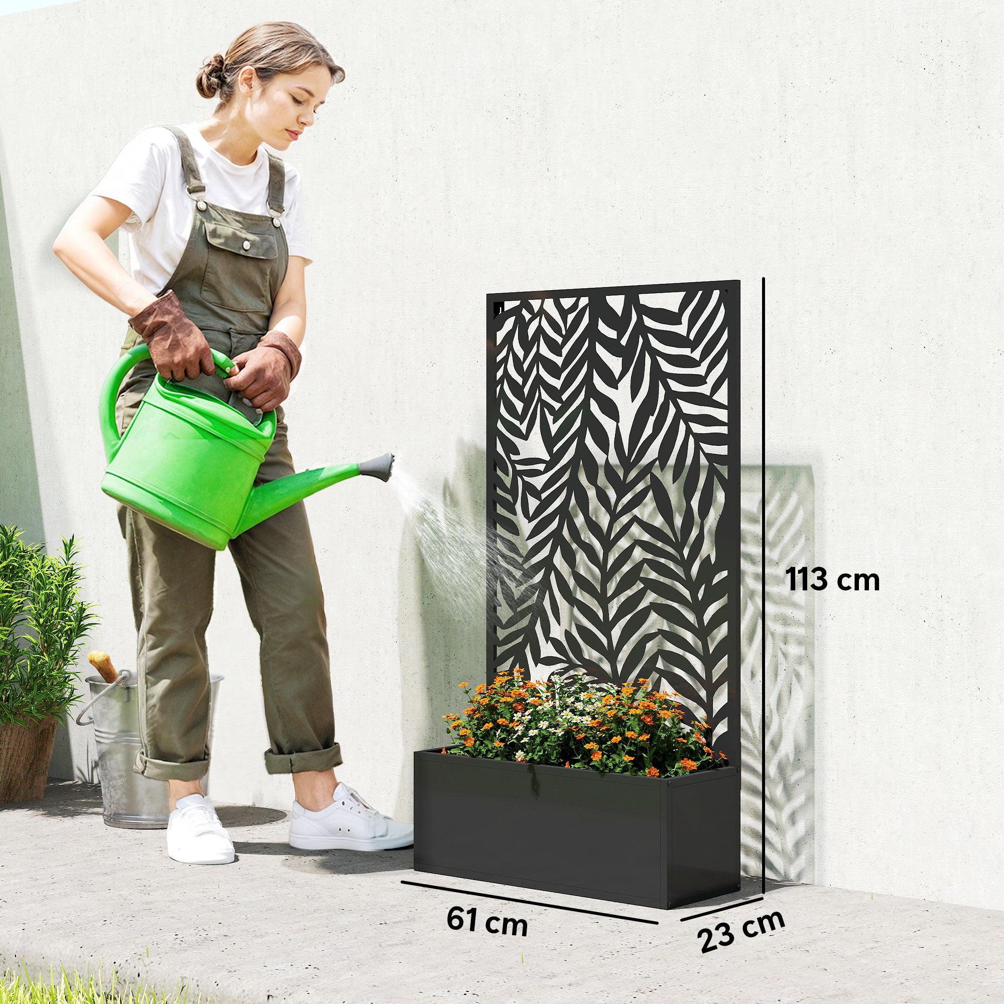 Metal Planter with Trellis and Tropical Leaf Privacy Panel, 61 x 23 x 113 cm (24 x 9.1 x 44.5 in), Black