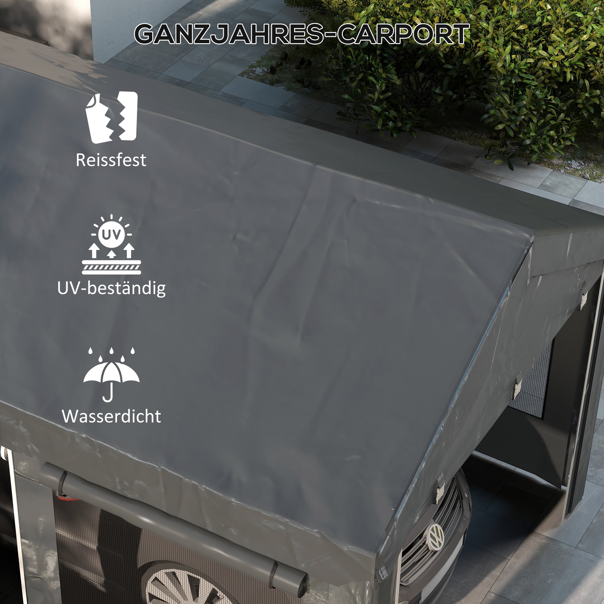 Carport, approx. 6 x 3m Party Tent, Adjustable Height Car Garage, Car Canopy with 4 Mesh Windows, 4 Doors, for Car, Truck, Steel, Dark Grey