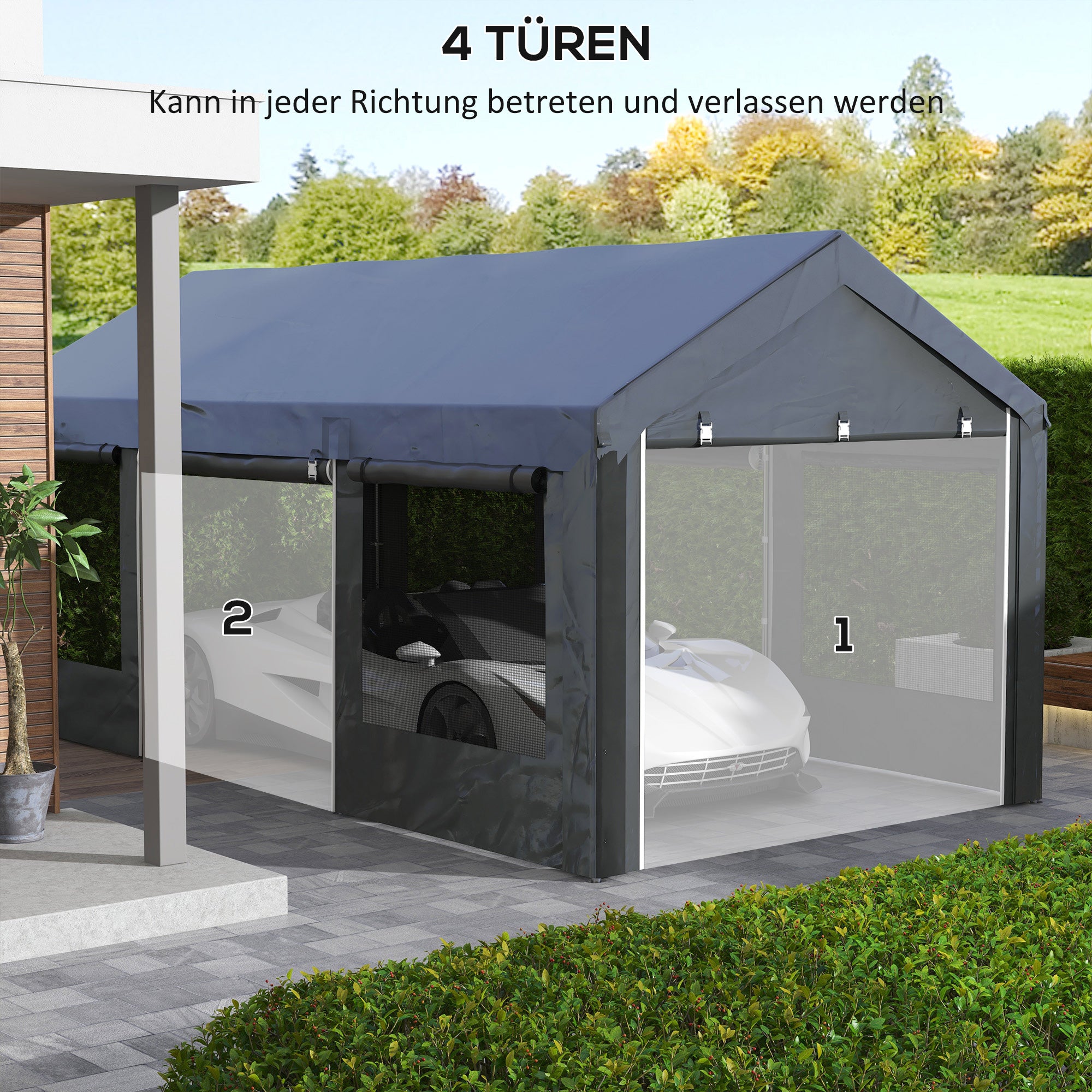 Carport, approx. 6 x 3m Party Tent, Adjustable Height Car Garage, Car Canopy with 4 Mesh Windows, 4 Doors, for Car, Truck, Steel, Dark Grey