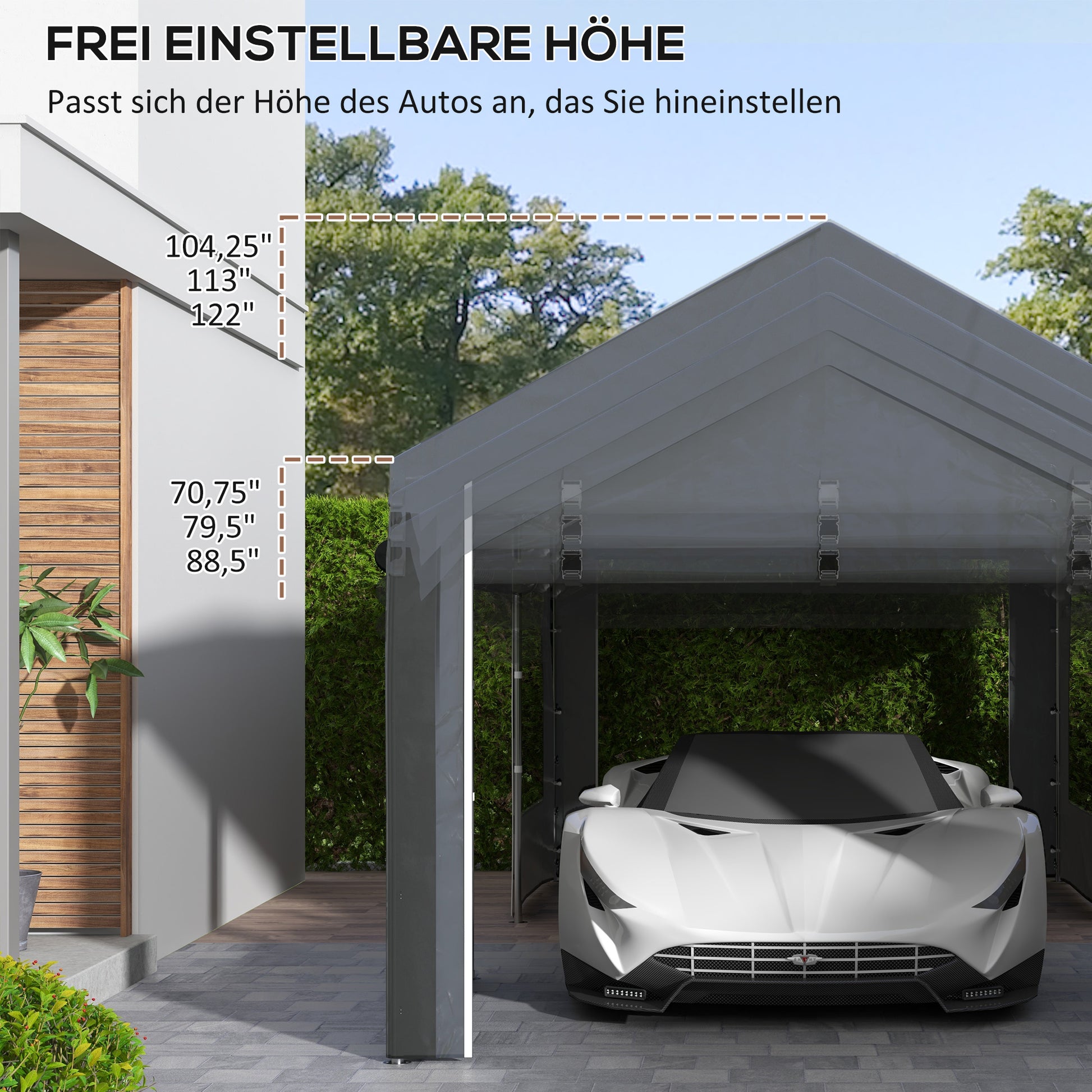 Carport, approx. 6 x 3m Party Tent, Adjustable Height Car Garage, Car Canopy with 4 Mesh Windows, 4 Doors, for Car, Truck, Steel, Dark Grey