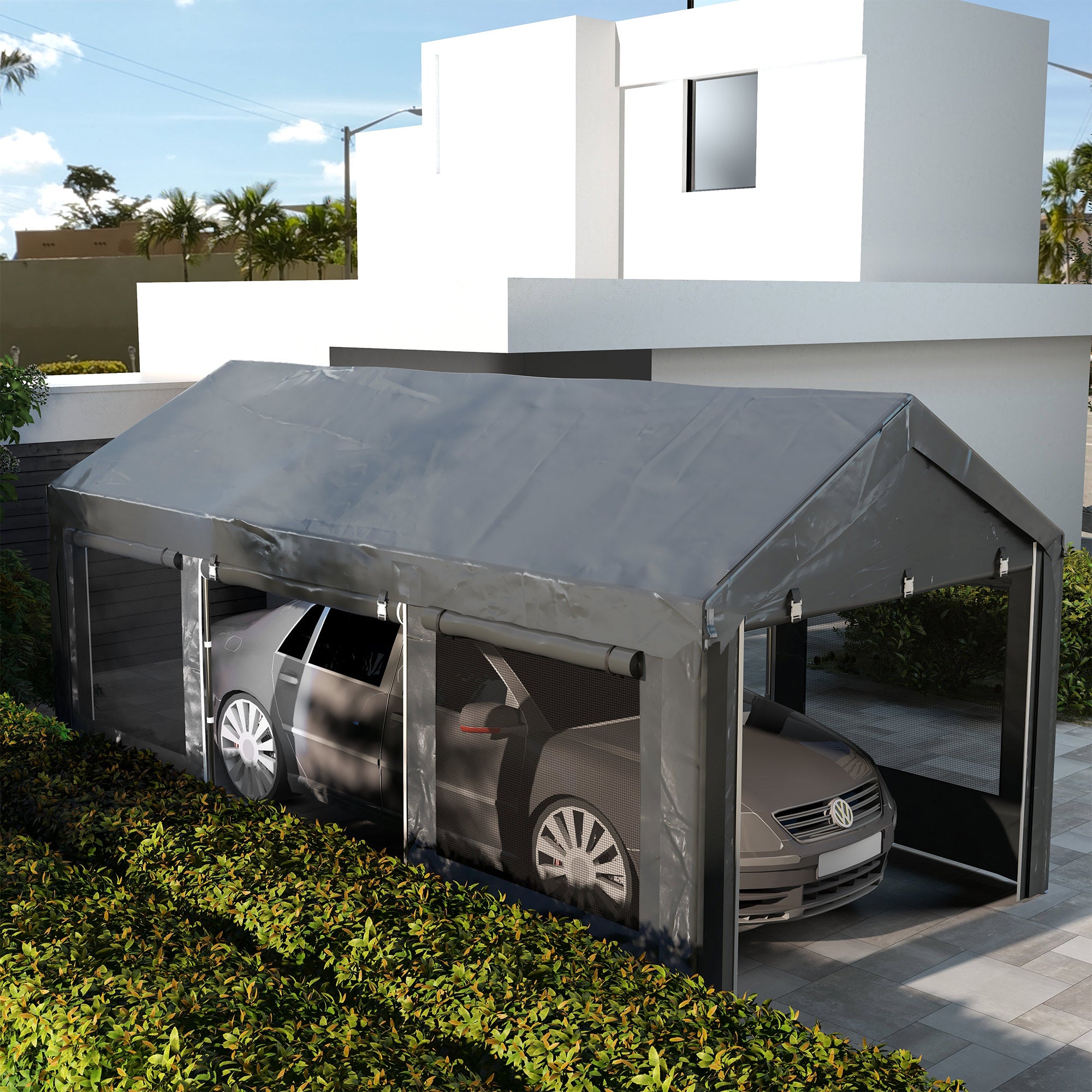 Carport, approx. 6 x 3m Party Tent, Adjustable Height Car Garage, Car Canopy with 4 Mesh Windows, 4 Doors, for Car, Truck, Steel, Dark Grey
