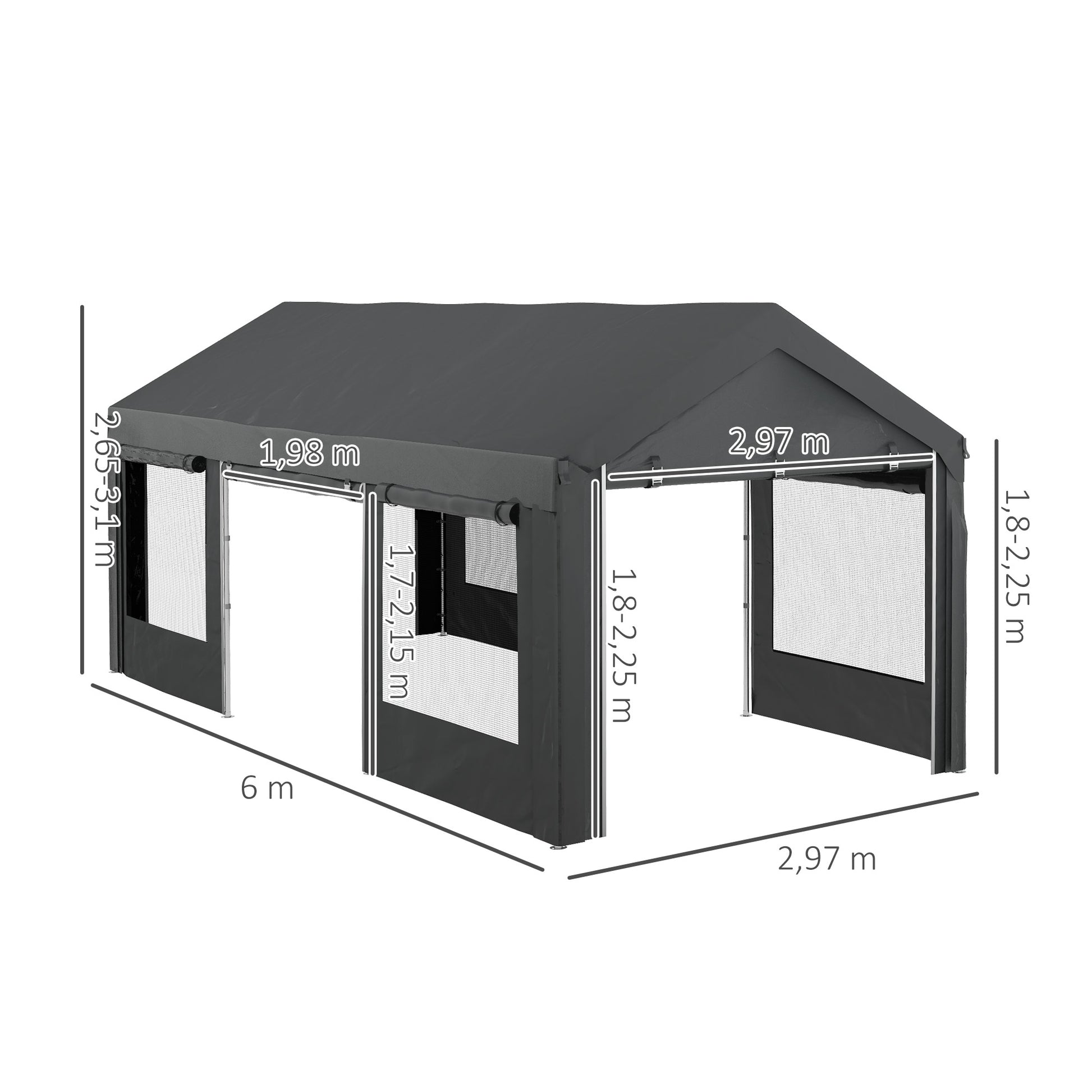 Carport, approx. 6 x 3m Party Tent, Adjustable Height Car Garage, Car Canopy with 4 Mesh Windows, 4 Doors, for Car, Truck, Steel, Dark Grey