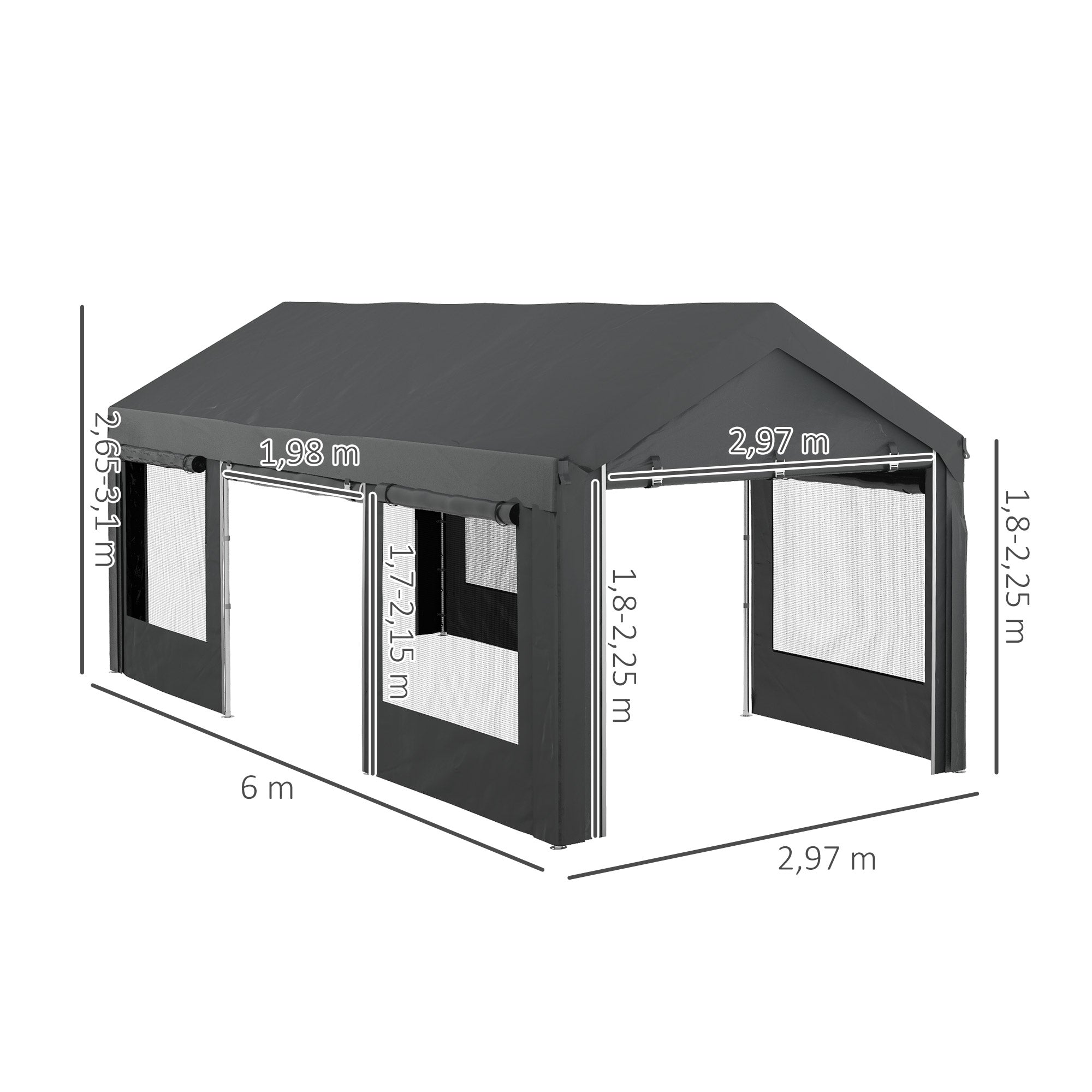Carport, approx. 6 x 3m Party Tent, Adjustable Height Car Garage, Car Canopy with 4 Mesh Windows, 4 Doors, for Car, Truck, Steel, Dark Grey