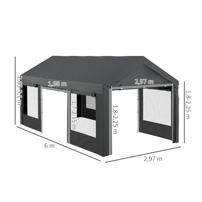 Carport, approx. 6 x 3m Party Tent, Adjustable Height Car Garage, Car Canopy with 4 Mesh Windows, 4 Doors, for Car, Truck, Steel, Dark Grey