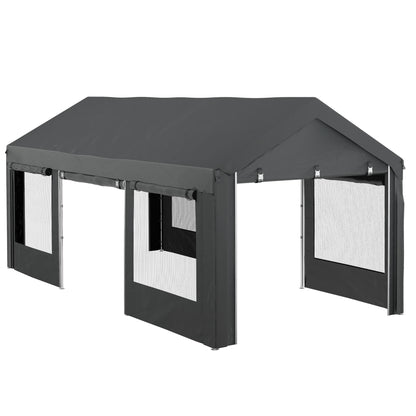 Carport, approx. 6 x 3m Party Tent, Adjustable Height Car Garage, Car Canopy with 4 Mesh Windows, 4 Doors, for Car, Truck, Steel, Dark Grey